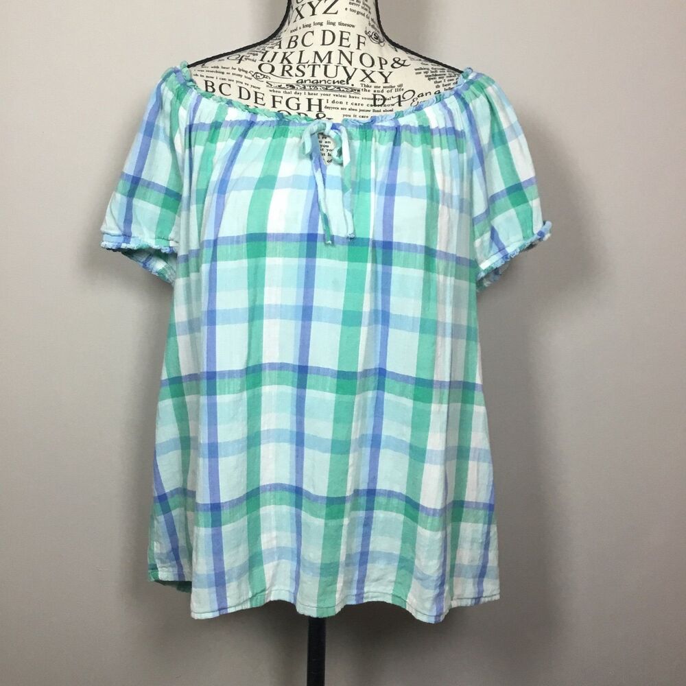 White green blue plaid peasant top wench milkmaid keyhole tie front summer PXL